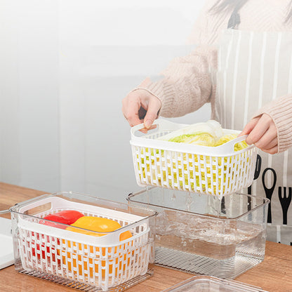 Refrigerator storage bin with removable drain basket and lid