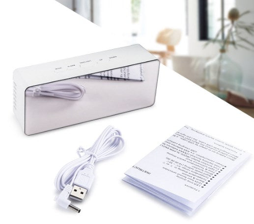 LED mirror digital alarm clock showing controls and product features