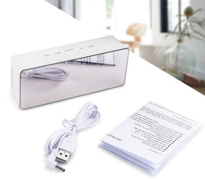 LED mirror digital alarm clock showing controls and product features