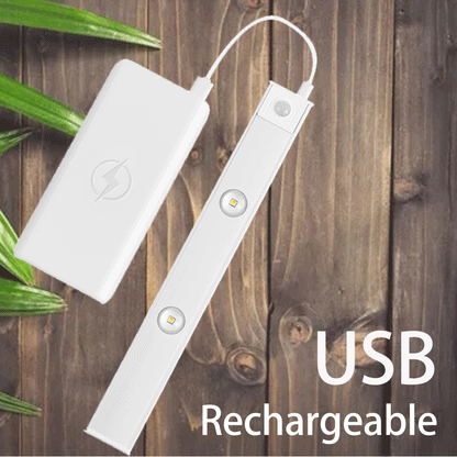 Rechargeable LED light bar illuminating a dark closet space