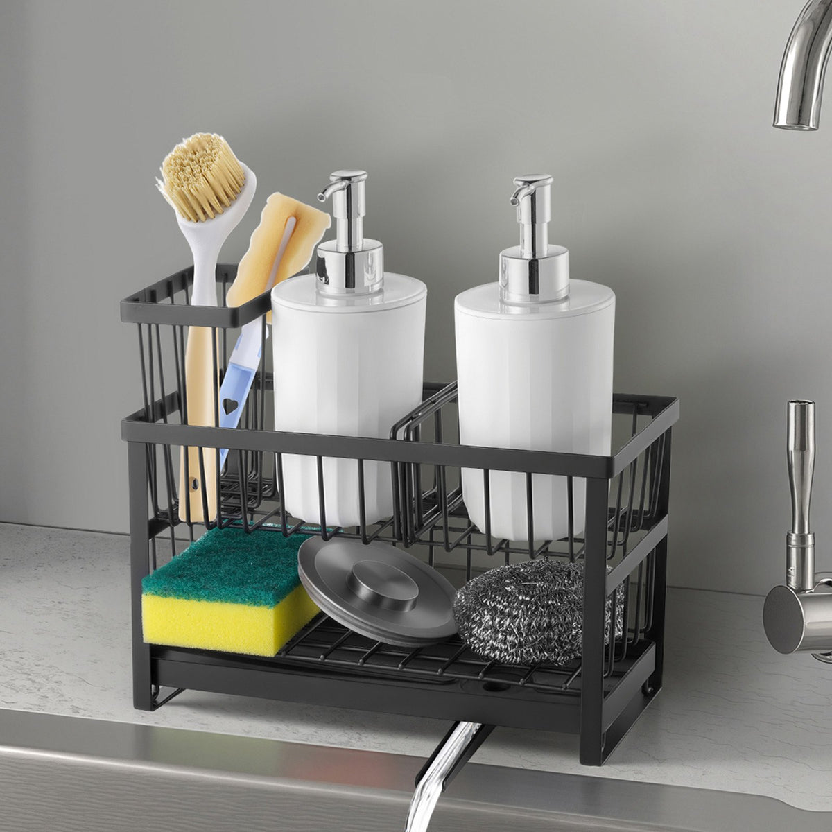 Kitchen sink organizer and sponge caddy for cleaning essentials