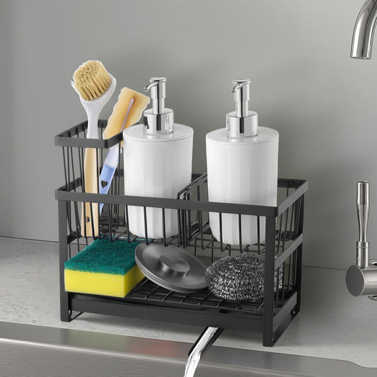 Kitchen sink organizer and sponge caddy for cleaning essentials
