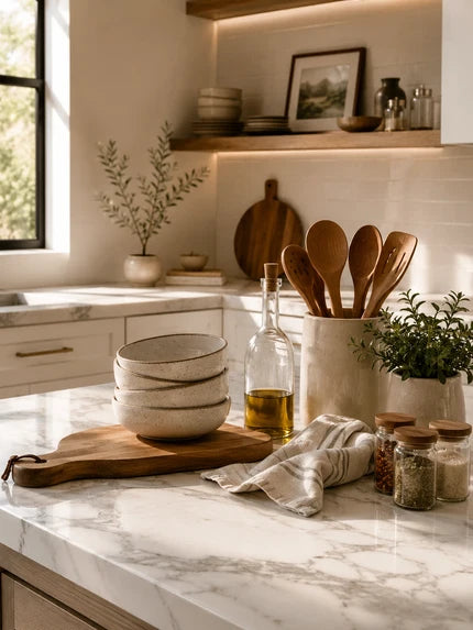 Organized kitchen countertop with wooden utensils, bowls, oil bottle and pantry jars
