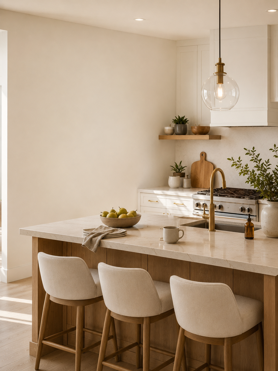 Modern bright kitchen with a spacious island and organized home interior