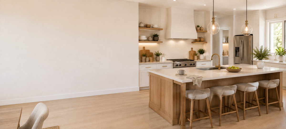 Modern bright kitchen with a spacious island and organized home interior